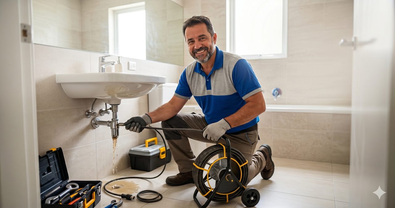 Profissional de desentupimento da Desentupidora Solução desentupindo com máquina rotativa